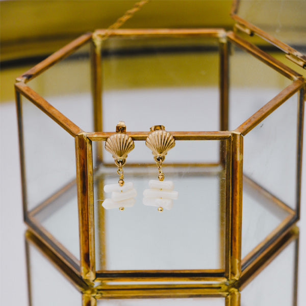 schelp oorbellen met witte stenen | Frances Falicia