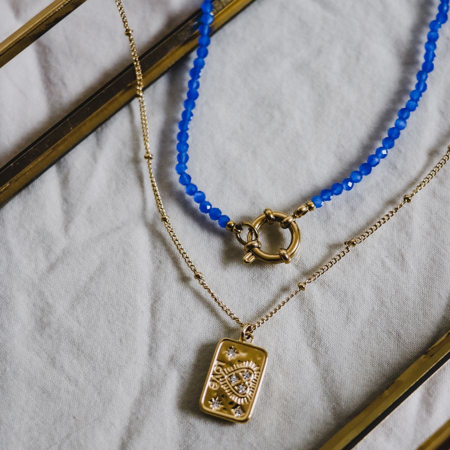 Selene choker ketting | halsketting | ketting met blauwe kralen | Goldplated | Stainless steel halskettingen | By Frances Falicia