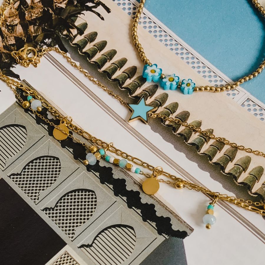 Madelief armband | Stretch armband | Armband met ster | Dubbel enkelbandje met muntjes en kralen | Frances Falicia